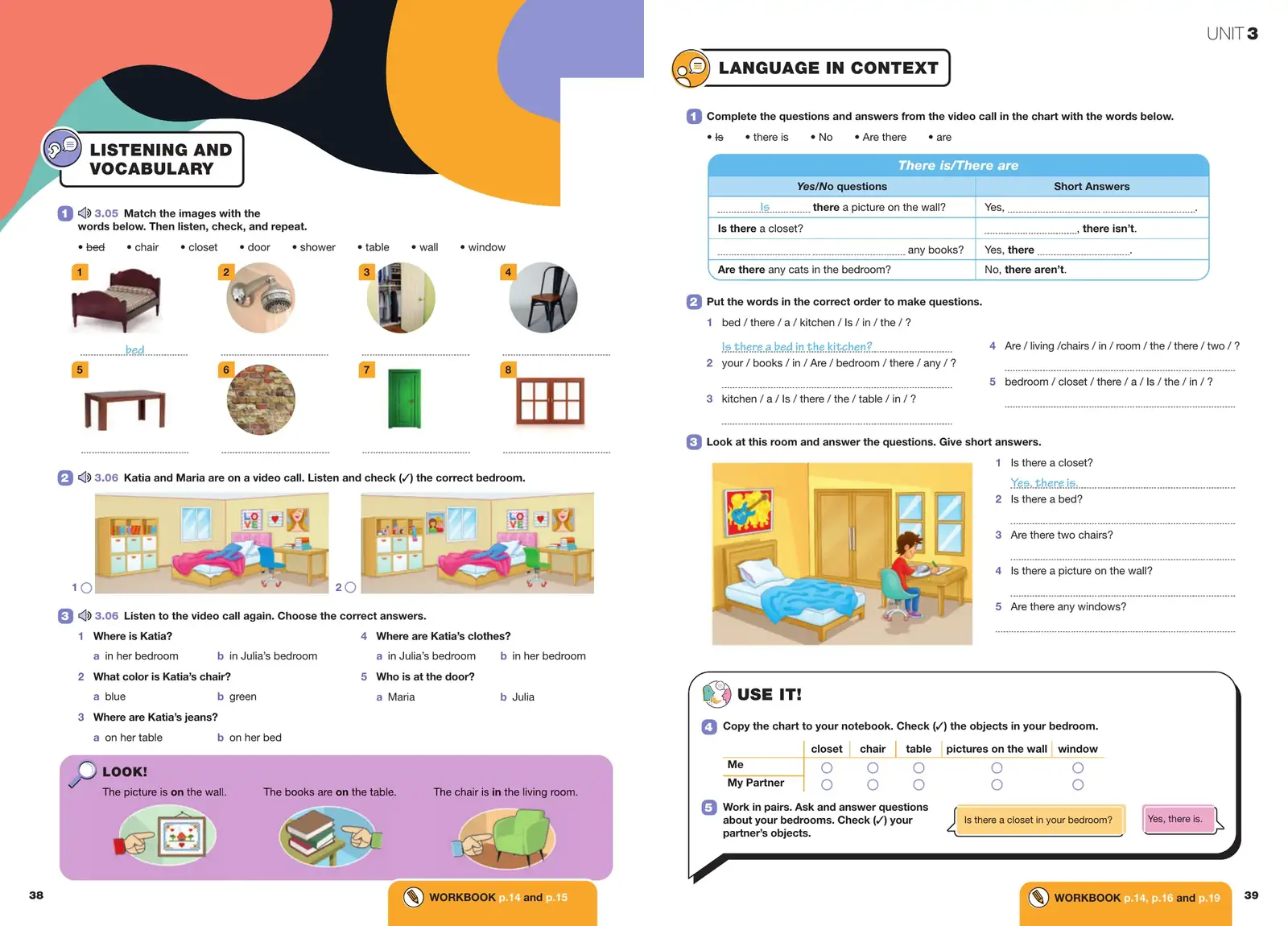 Grade 5 Unit 3 spread with listening, vocabulary, grammar and speaking tasks on facing pages