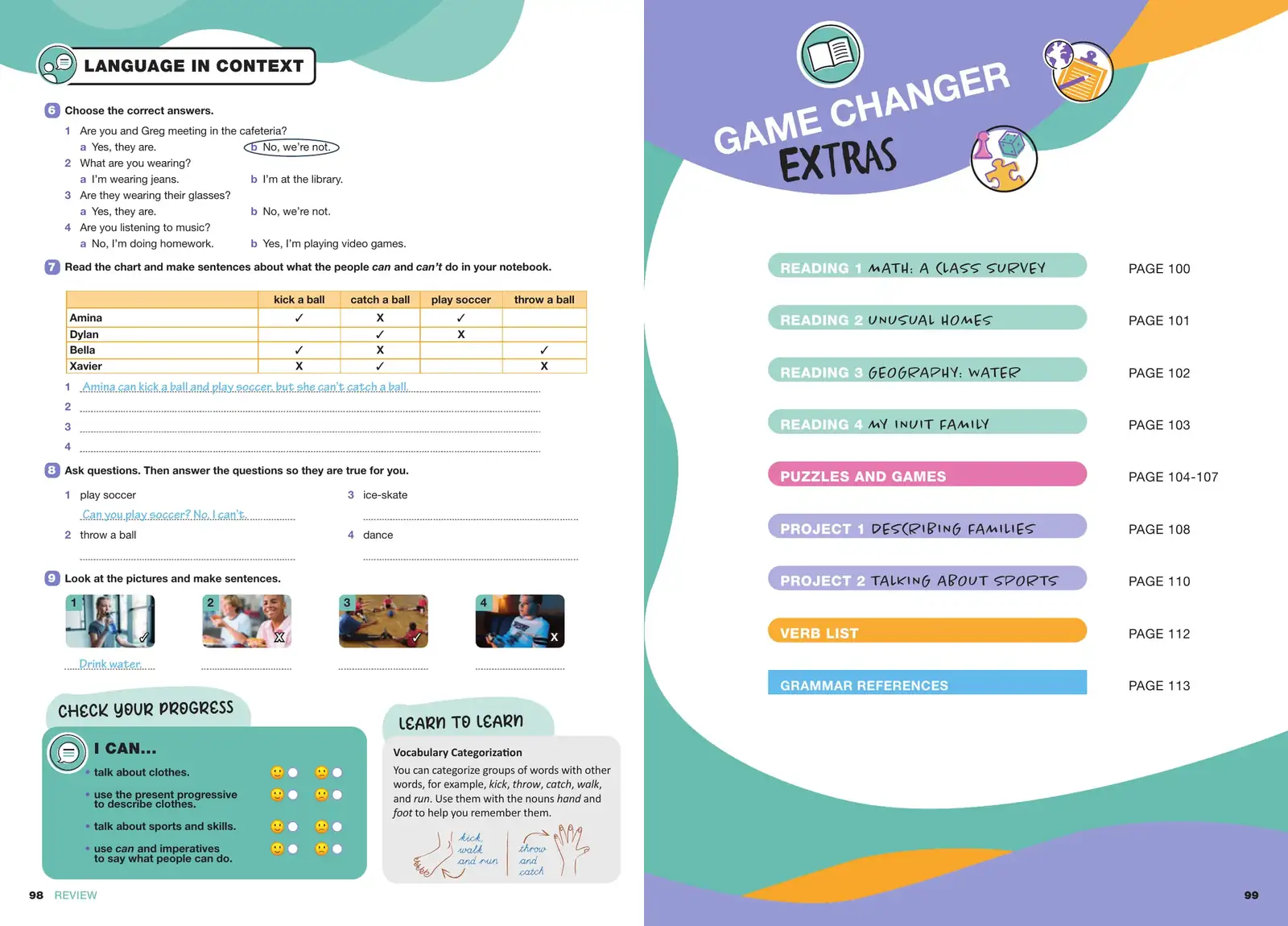 Grade 5 spread: Game Changer Extras contents and Across the Curriculum reading