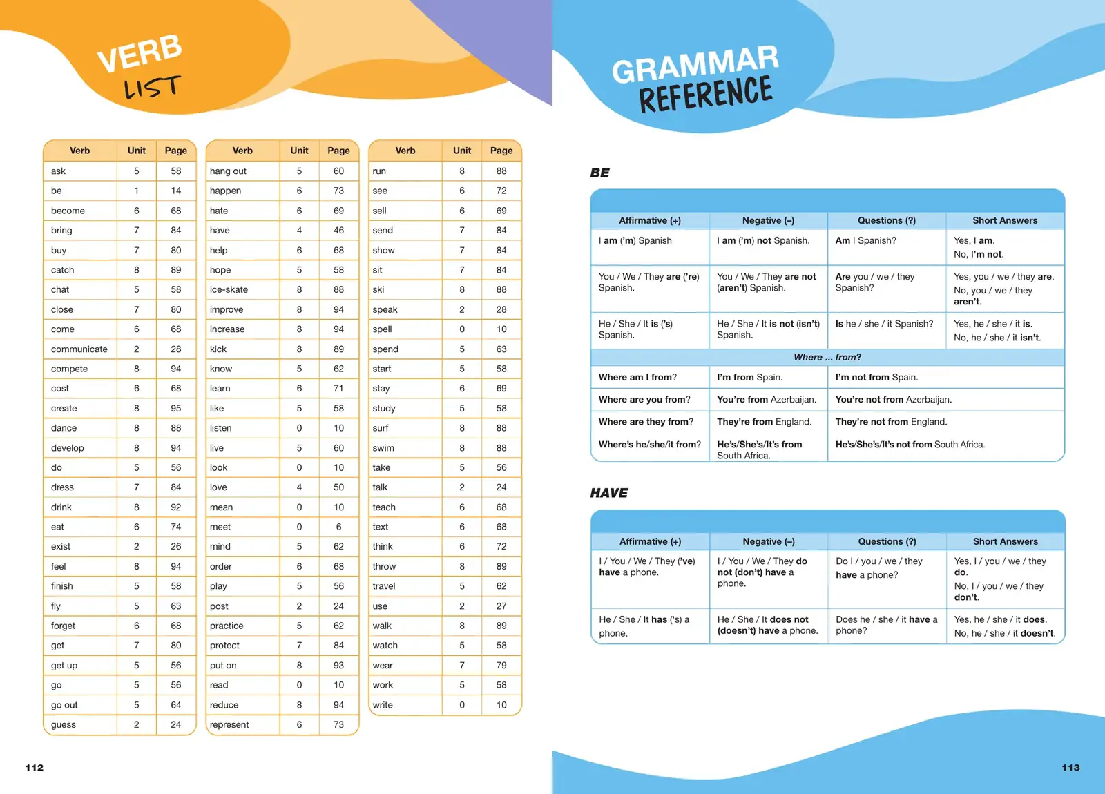 Grade 5 spread: irregular verb list facing grammar reference tables