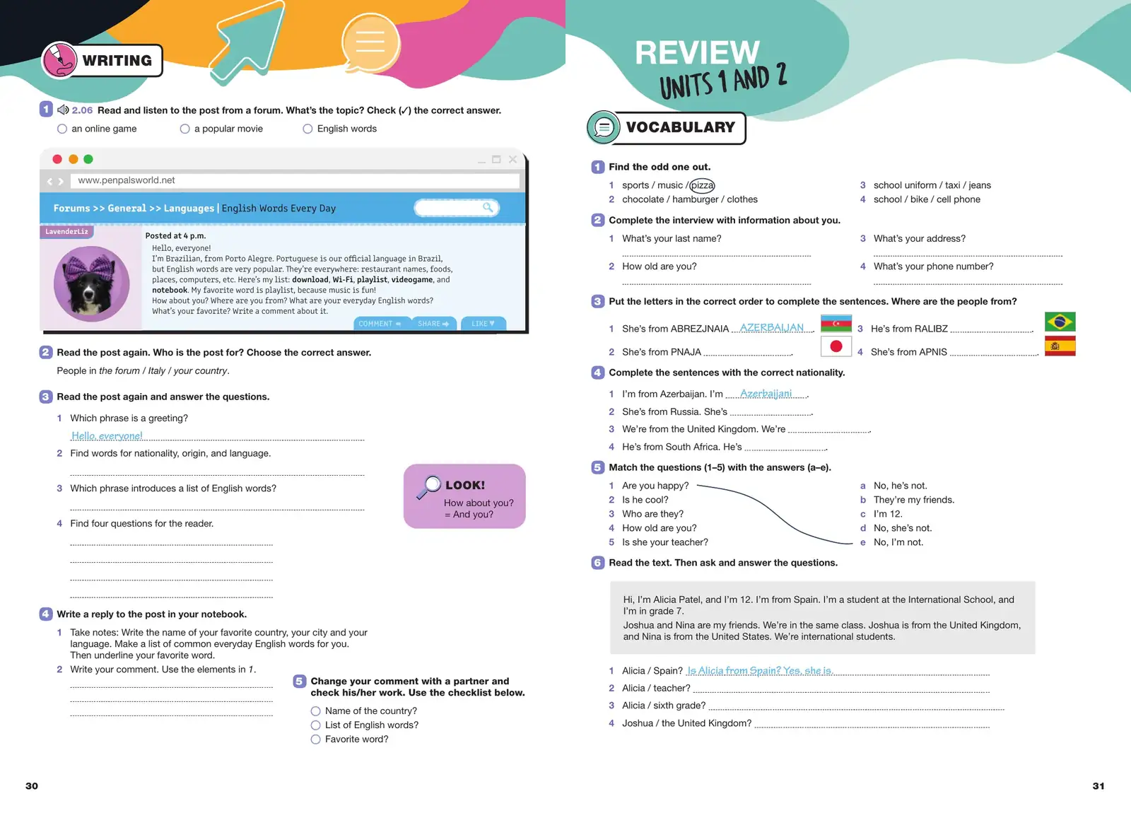 Grade 5 spread: writing task facing Review Units 1 and 2
