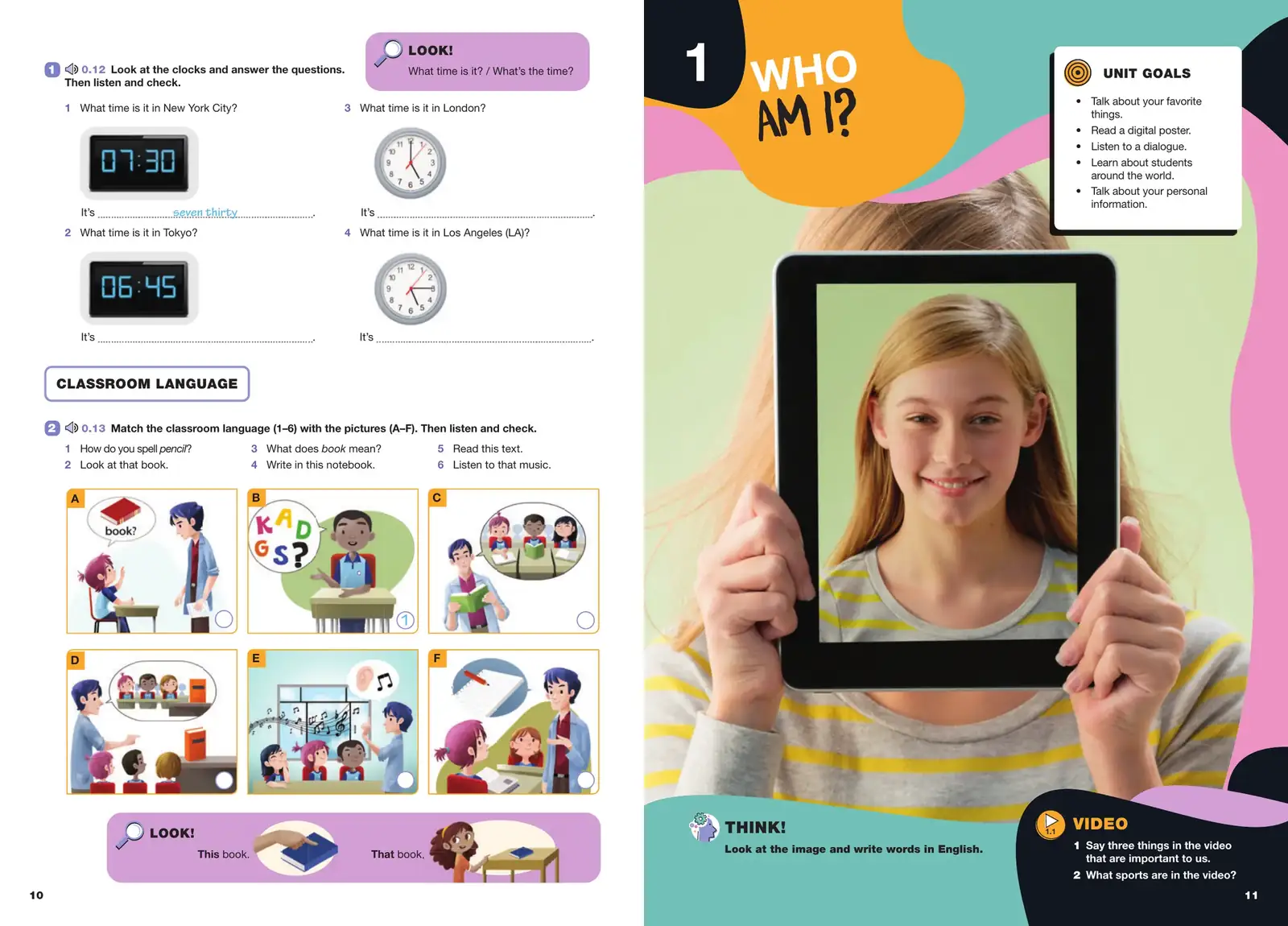 Grade 5 spread: classroom language page facing Unit 1 opener, Who am I?