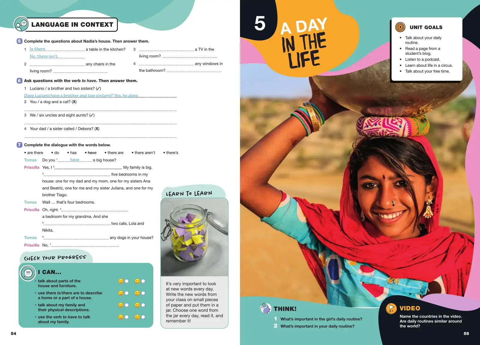Grade 5 spread: progress check page facing the Unit 5 opener, A day in the life