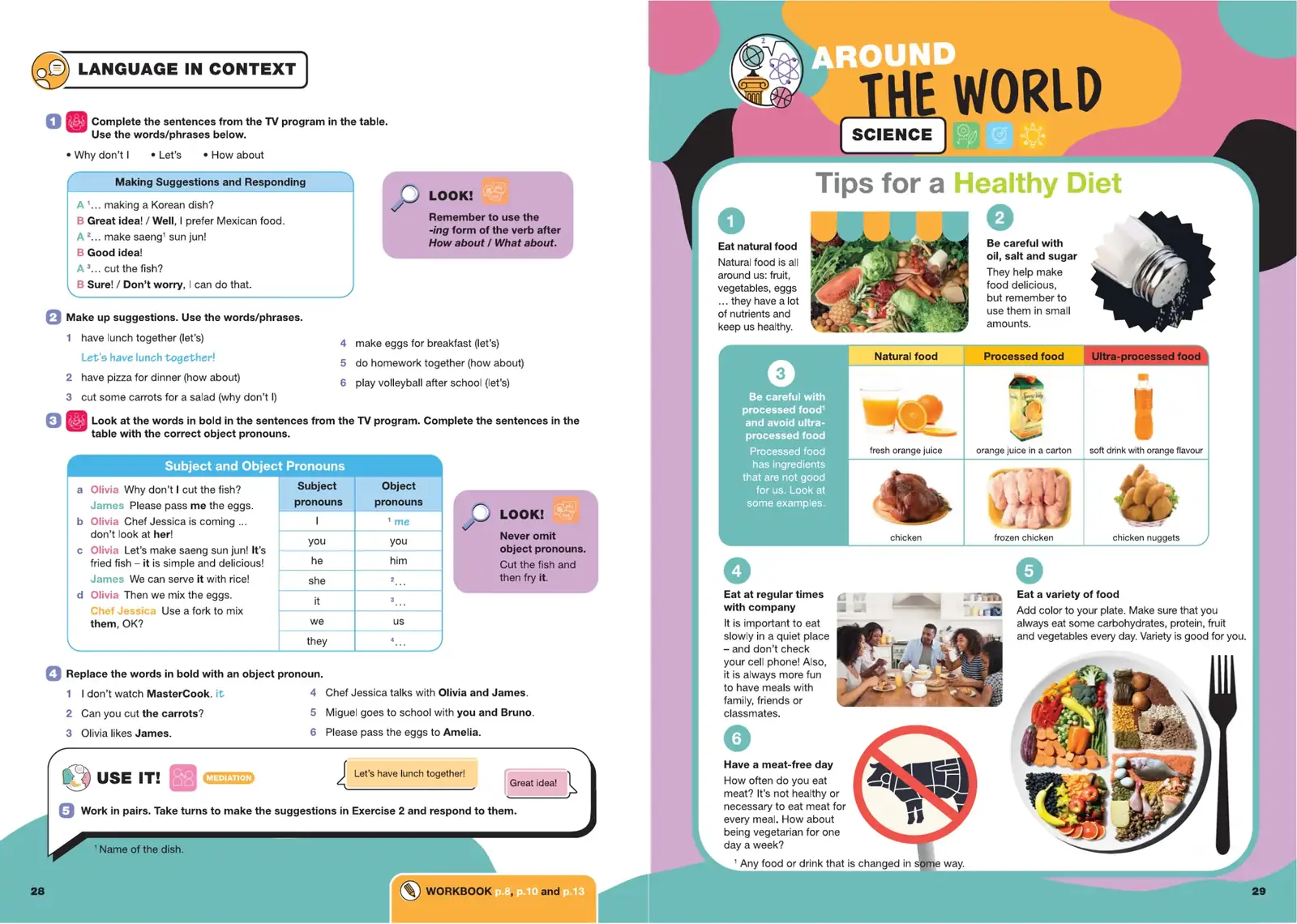 Grade 6 spread: Tips for a healthy diet, with photographs, a table, a plate diagram and exercises