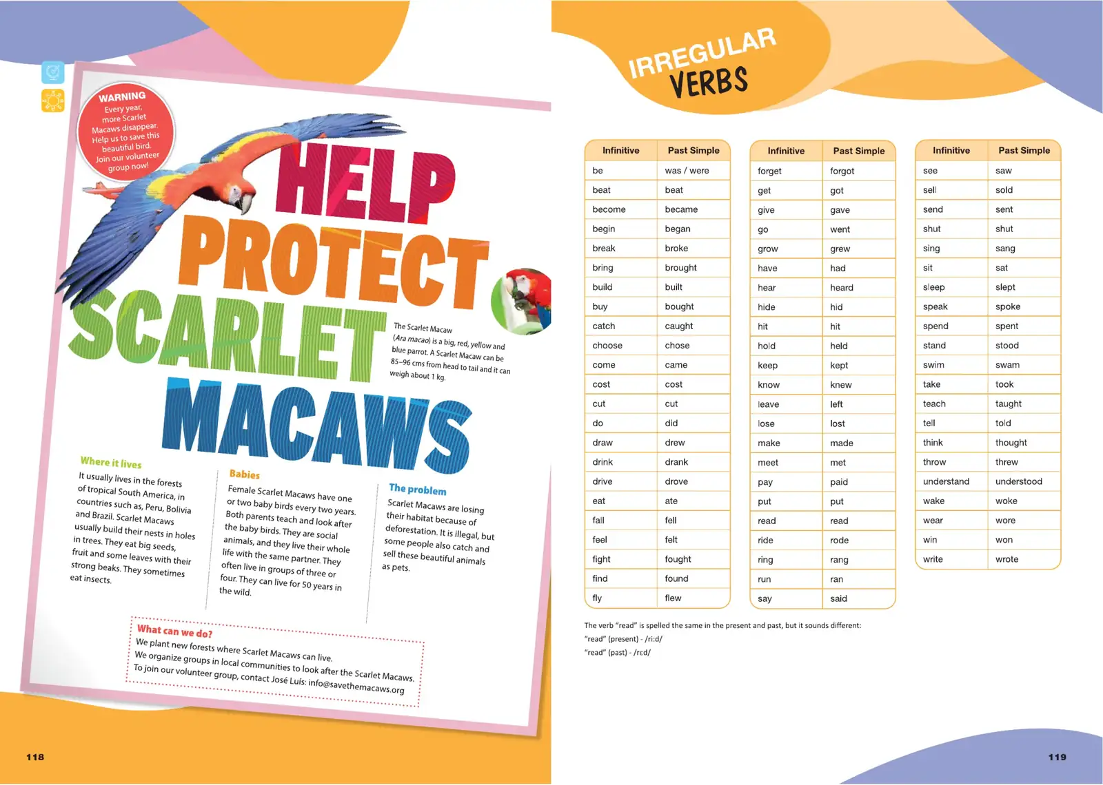 Grade 6 spread: Help protect Scarlet Macaws poster page facing irregular verbs list