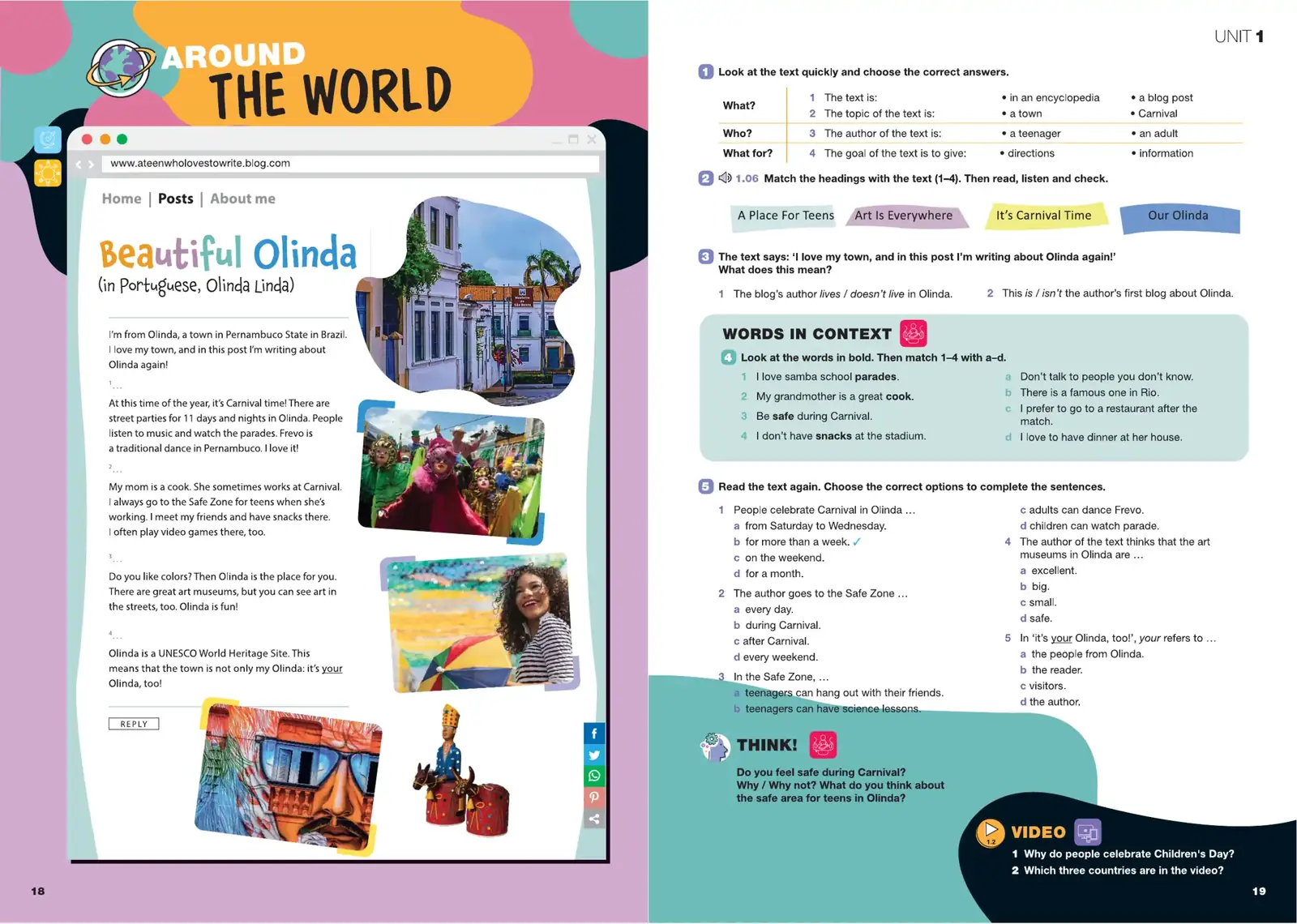 Grade 6 spread: Around the World, Beautiful Olinda blog page with photographs, facing reading comprehension tasks