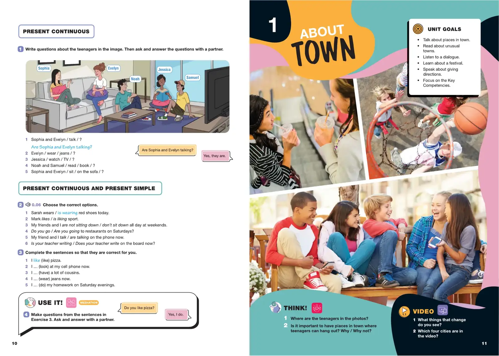 Grade 6 spread: grammar page facing Unit 1 opener, About Town