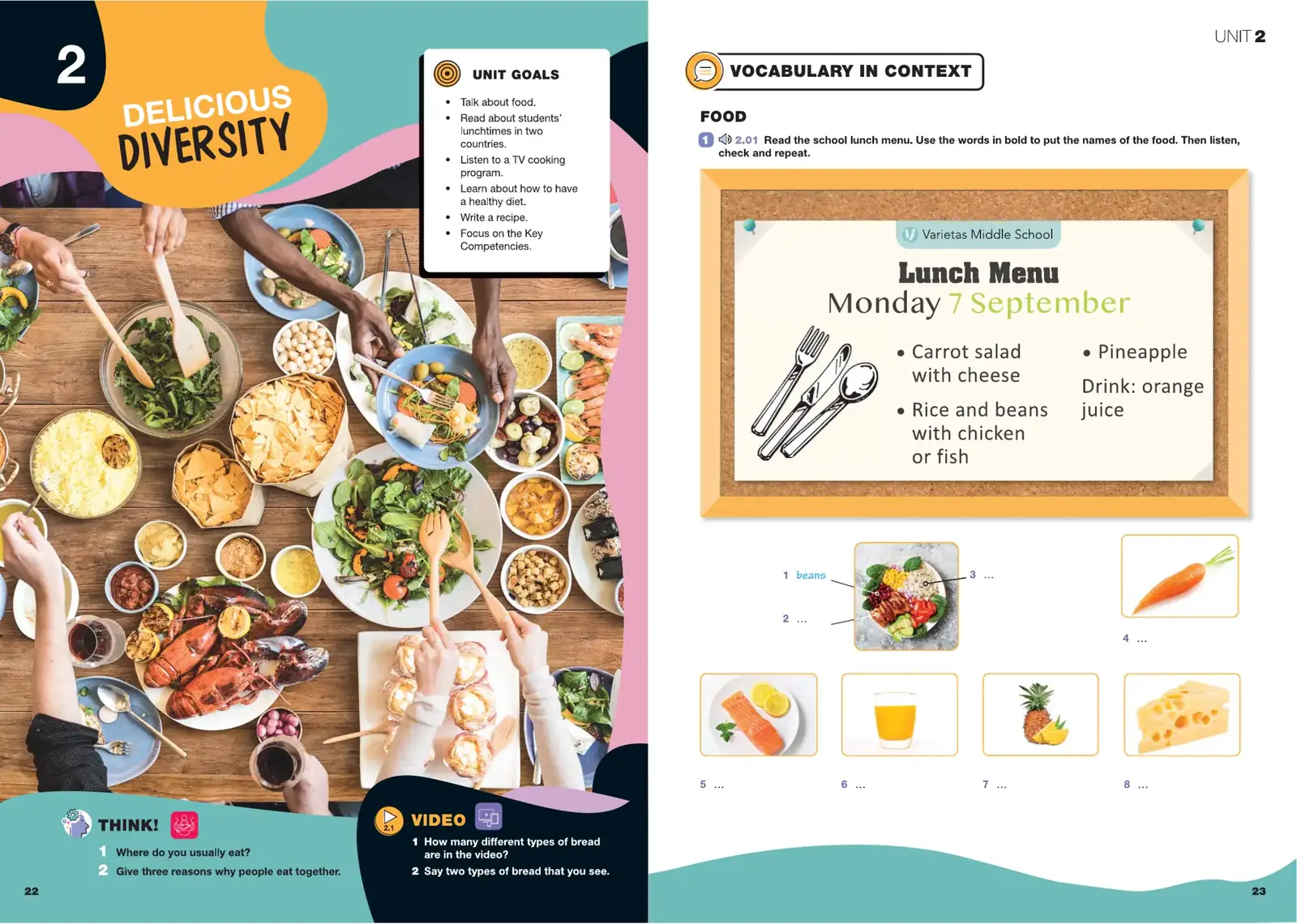 Grade 6 spread: Unit 2 opener Delicious Diversity facing Vocabulary in Context