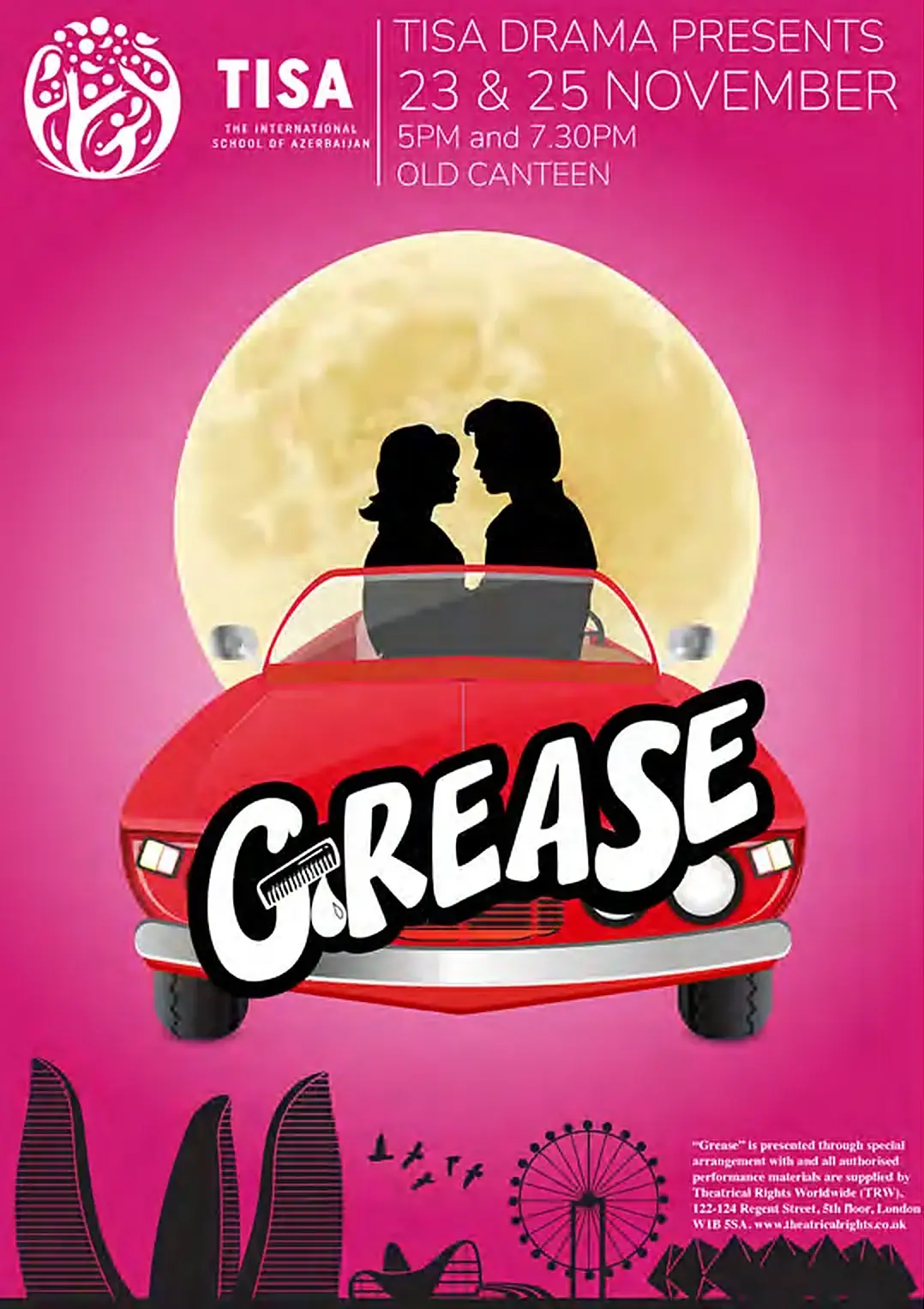 Grease poster for TISA Drama: two silhouettes in a red convertible against a full moon on hot pink, Baku skyline below