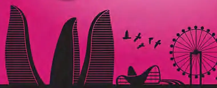 Foot of the poster: Flame Towers, Baku Eye and the Heydar Aliyev Centre in black silhouette