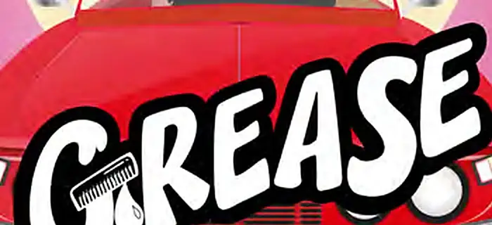 Title lettering GREASE in white with black outline, a comb set into the G