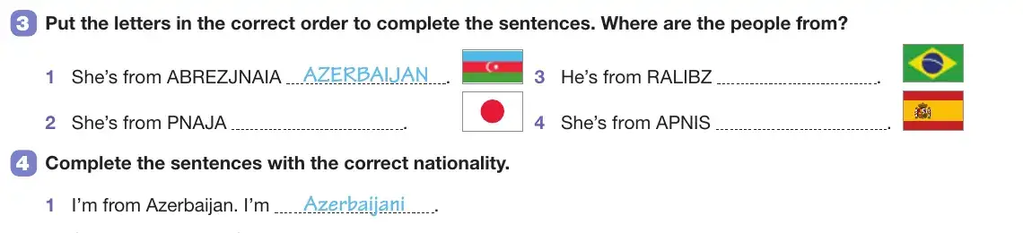 Review exercise: She’s from Azerbaijan, with the Azerbaijani flag next to Japan, Brazil and Spain