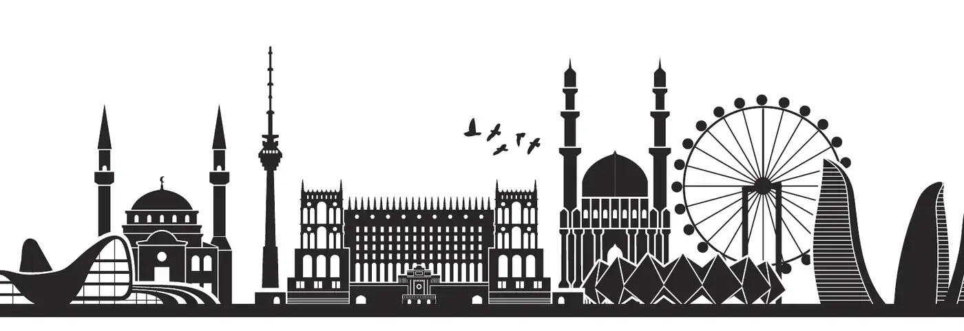 Black silhouette skyline of Baku landmarks: Heydar Aliyev Centre, TV tower, Government House, a mosque, the Baku Eye and the Flame Towers