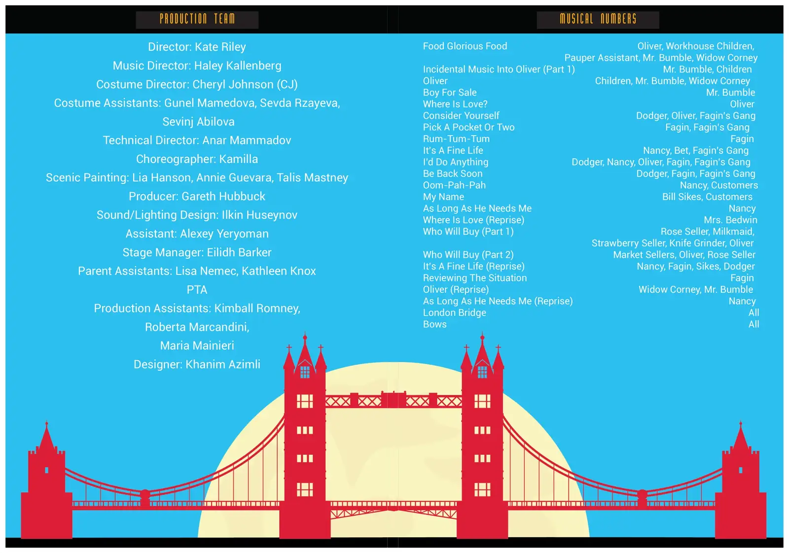 Programme spread: production team on the left, musical numbers on the right, one red Tower Bridge drawn across both pages