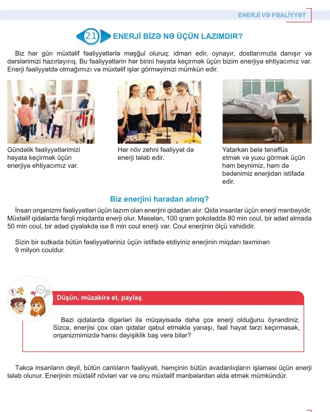 Detail of a Təbiət 5 lesson page: running head, numbered lesson heading, photo row with captions and body text