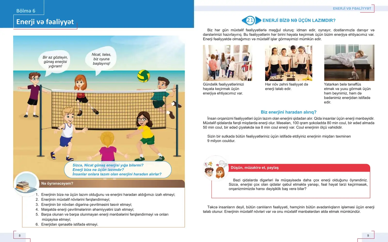 Təbiət 5 spread: section 6 opener Energy and activity, with illustration, learning objectives, lesson 21 and a Think, discuss, share block