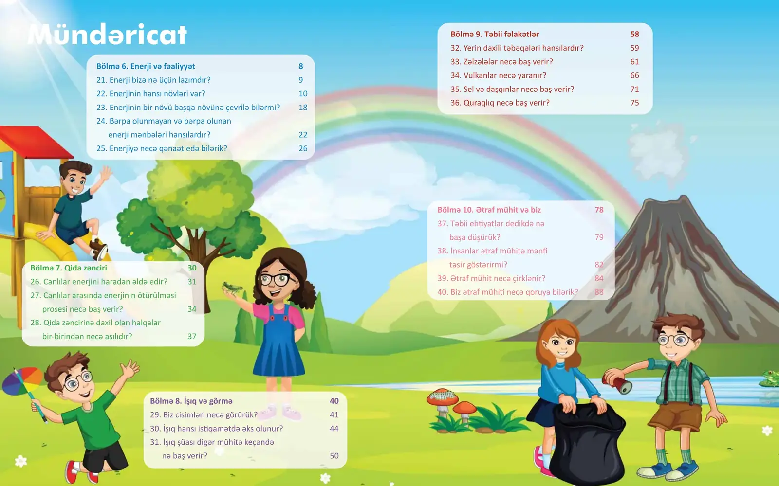 Təbiət 5 contents spread: section and lesson list set over an illustrated landscape
