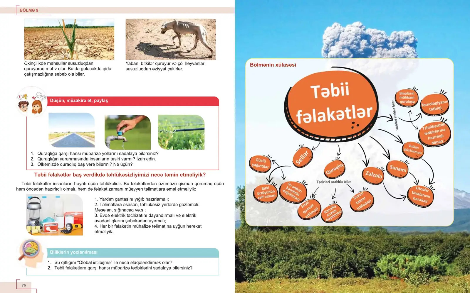 Təbiət 5 spread: Natural disasters summary mind map over a photograph