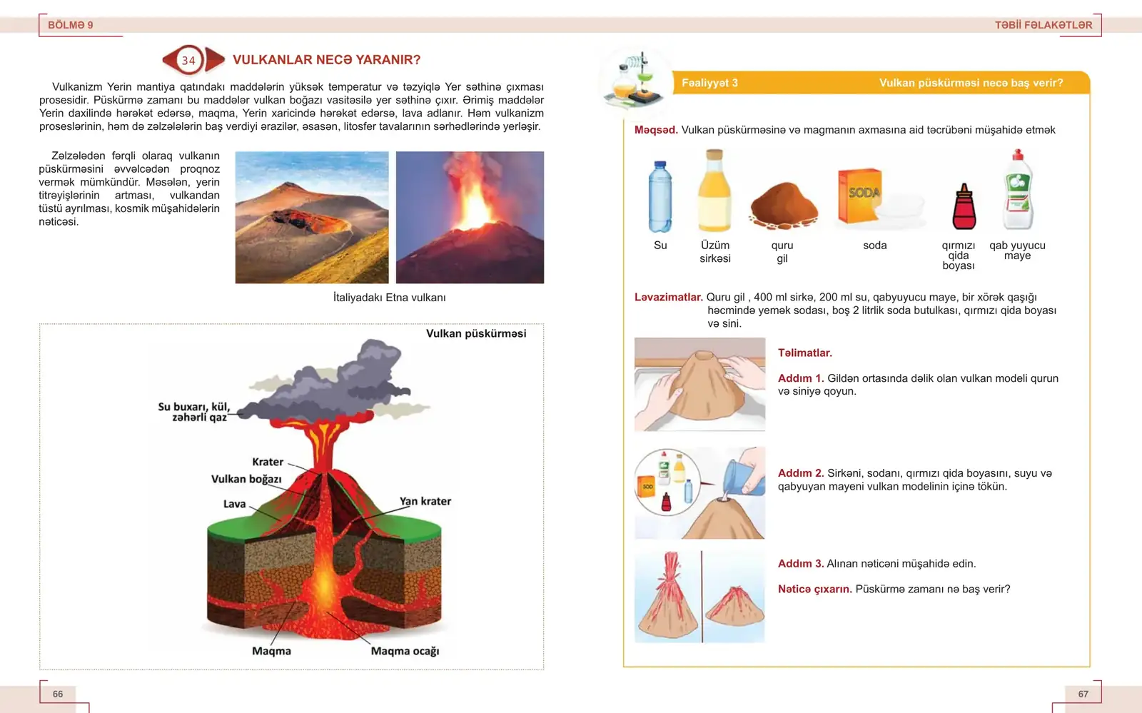 Təbiət 5 spread: volcano photographs and labelled cross-section diagram facing a step-by-step activity