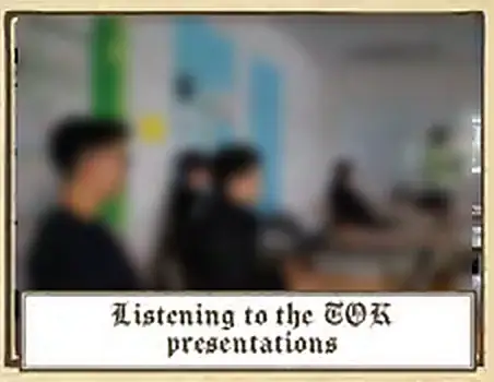 Newspaper-style frame with blackletter caption: Listening to the TOK presentations