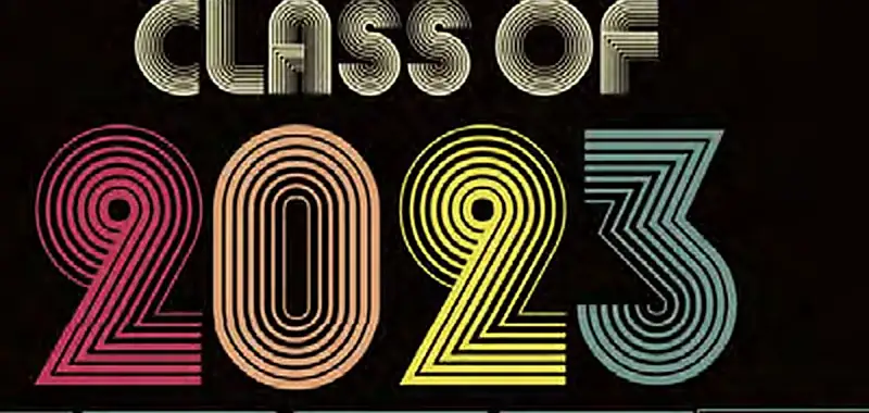 Class of 2023 in striped retro numerals over framed graduation portraits